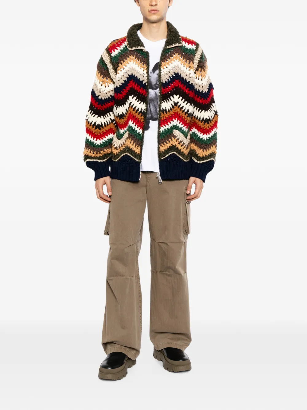 sacai Gebreid blousonjack met gemengd haakwerk Blauw