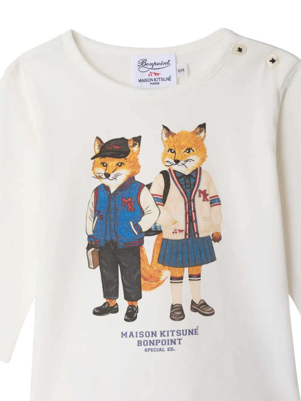 Bonpoint x Maison Kitsuné T-shirt met vossenprint en knoopsluiting Beige