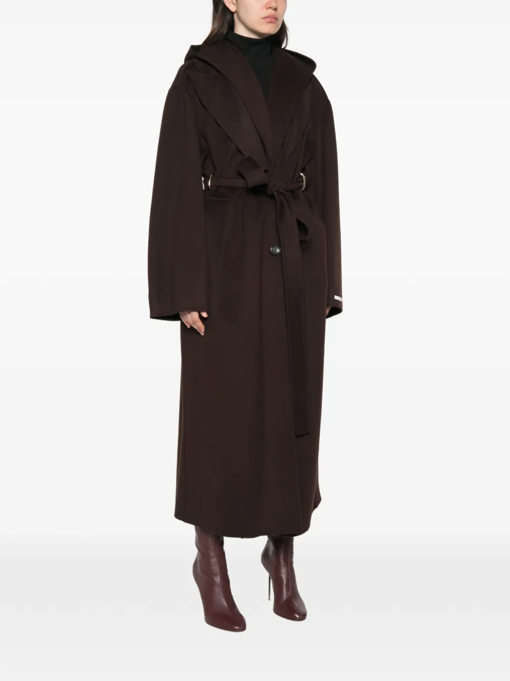 Sportmax Hooded Belted Coat in Brown, view 3