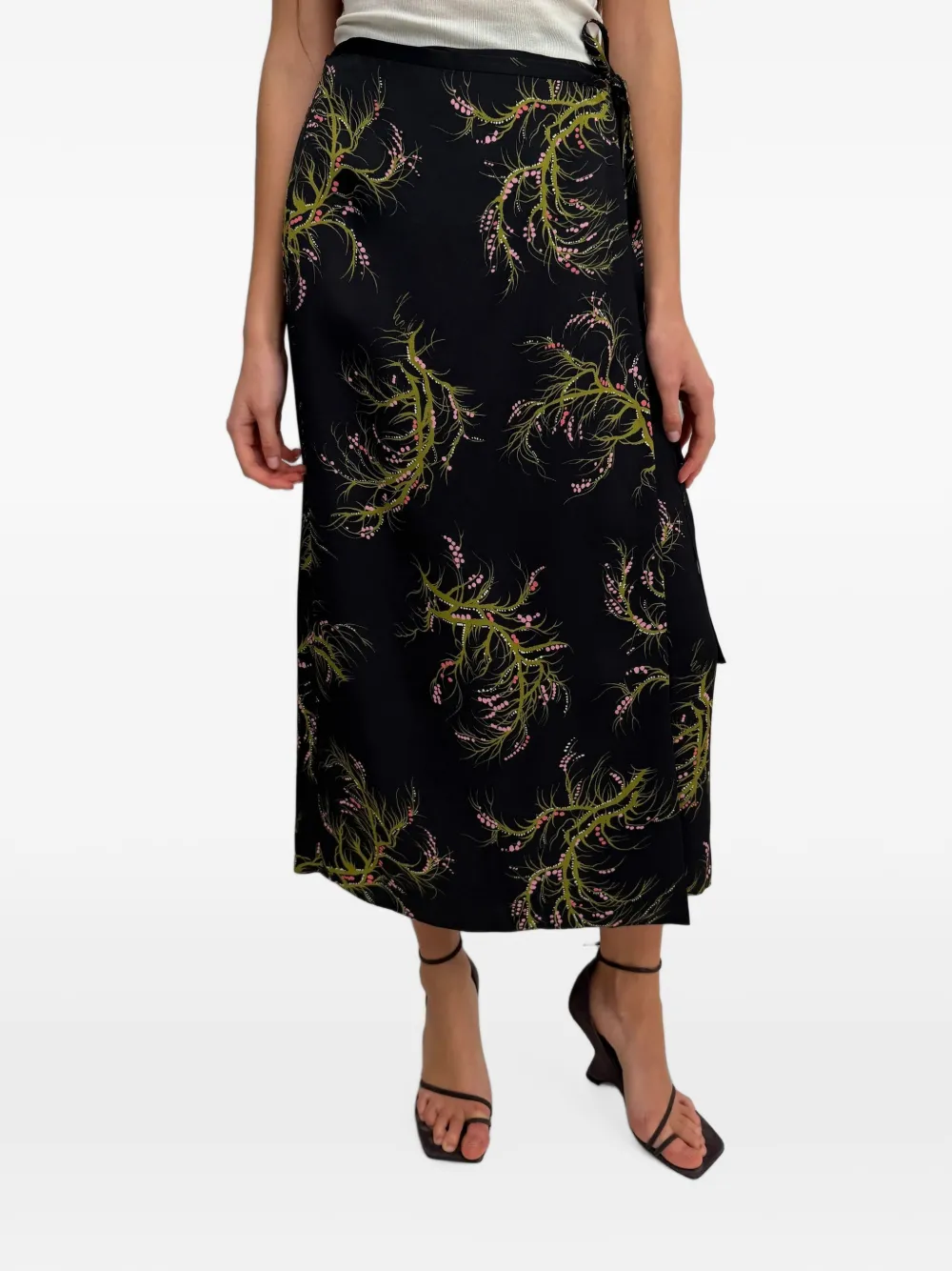 Rodebjer Verona midi-wikkelrok met bloemenprint Zwart
