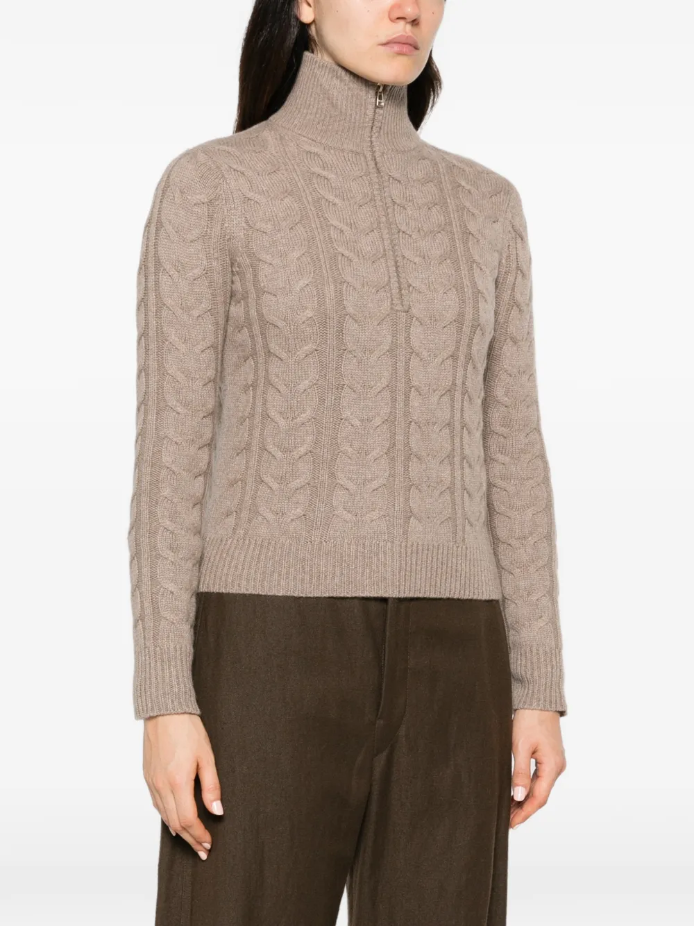 Max Mara Kabelgebreide trui met kwartrits Beige