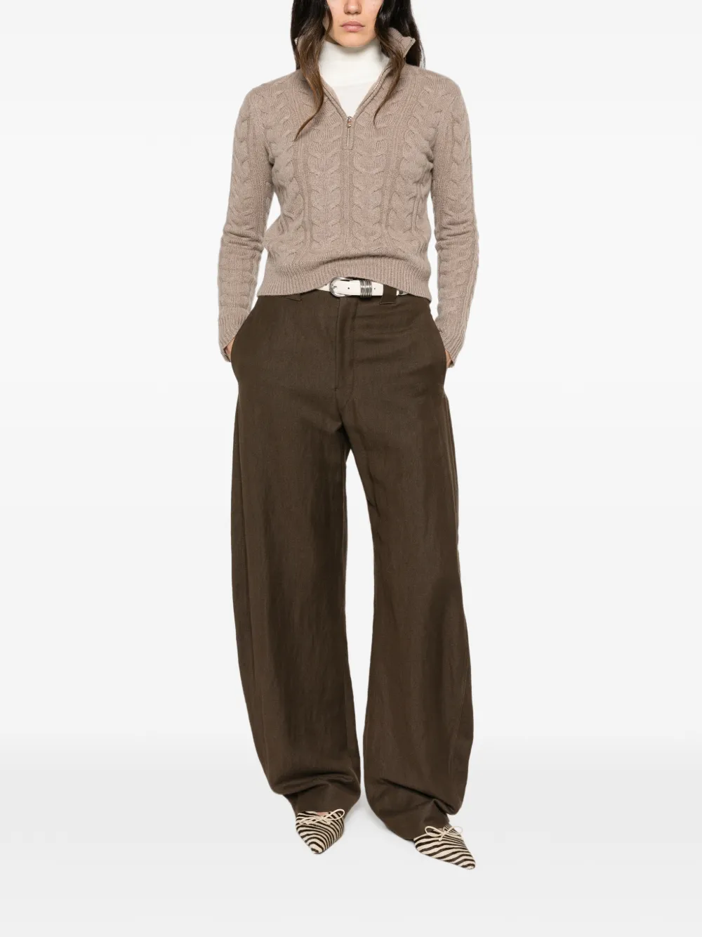 Max Mara Kabelgebreide trui met kwartrits Beige