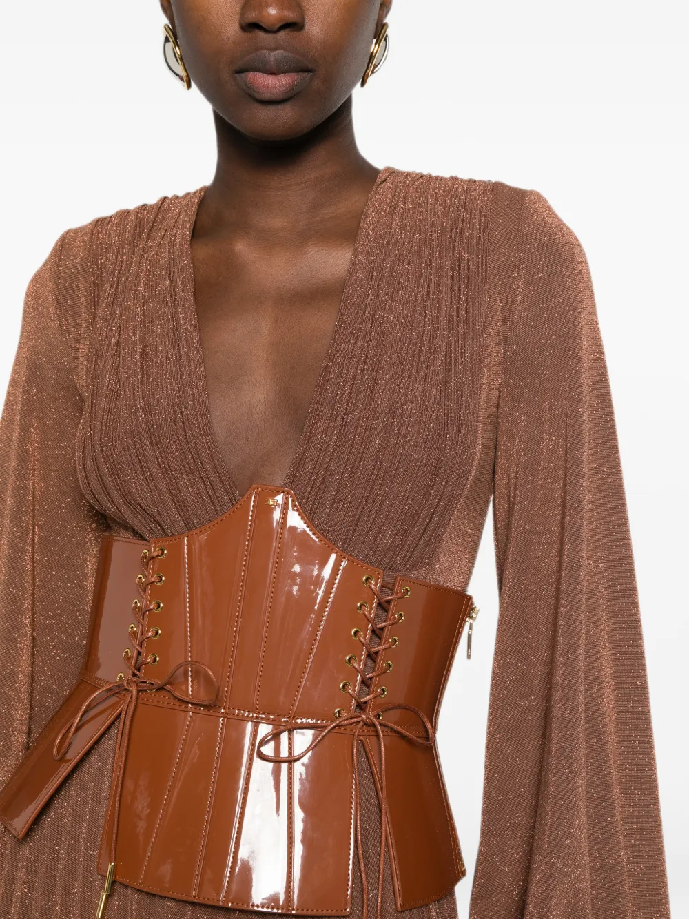 Elisabetta Franchi pleated lace-up maxi dress Bruin