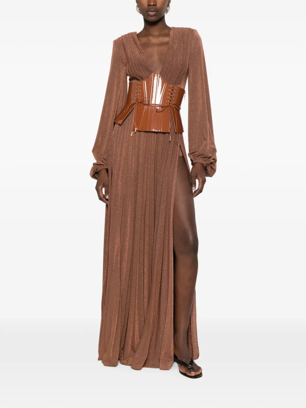 Elisabetta Franchi pleated lace-up maxi dress Bruin