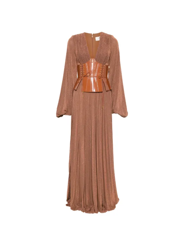 elisabetta franchi brown dress Pleated lace-up Maxi | Chiffon Colors:Yellow Olive 810 neck and a belt 195259-7TPI-MTW Jovani D5054 size 14