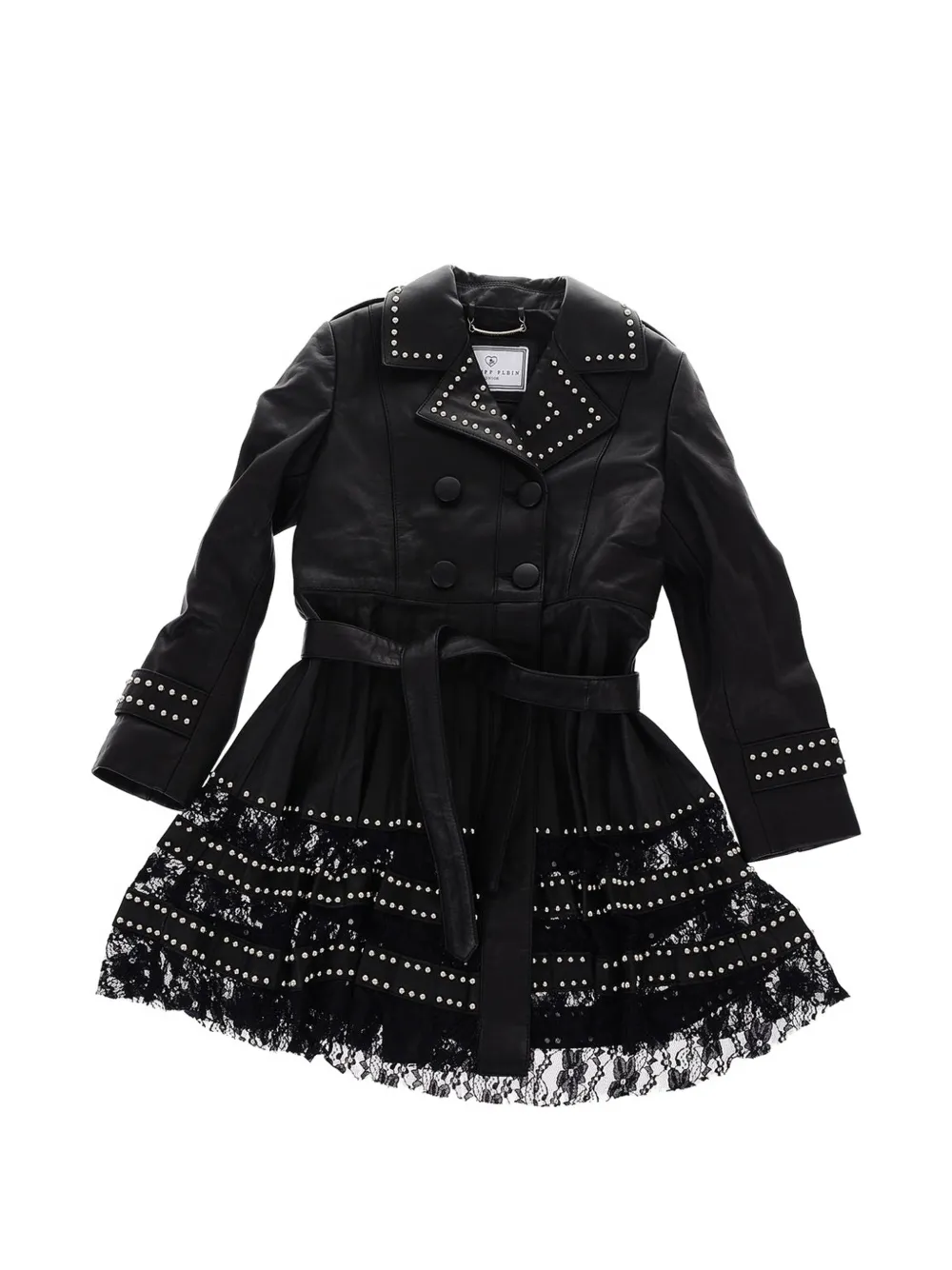 Philipp Plein Junior studded lace-trim leather coat - Schwarz