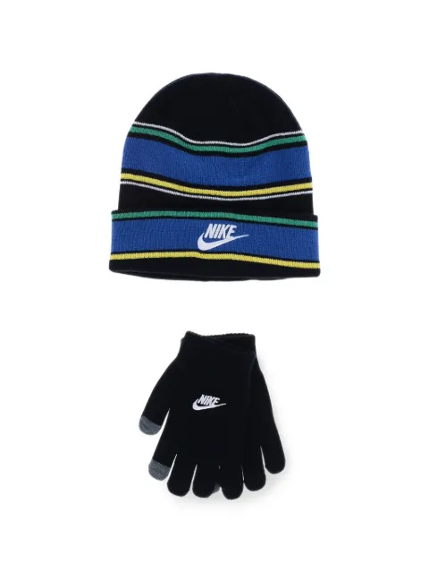 Nike Kids striped logo-embroidered beanie hat and gloves set