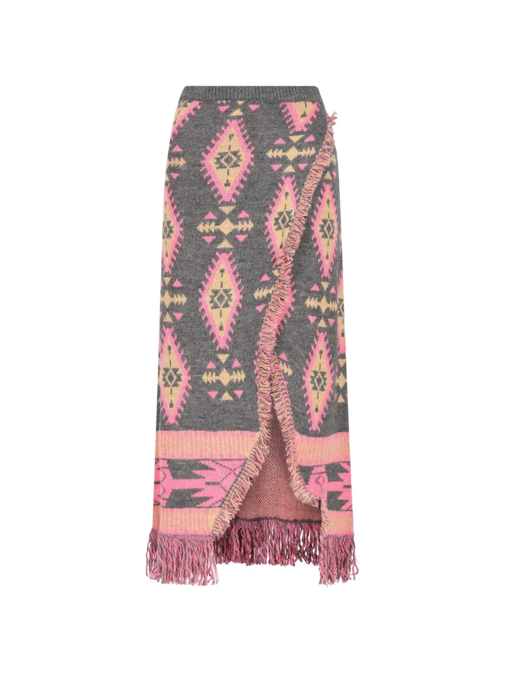 COLOUR MARKET geometric-pattern fringed maxi skirt