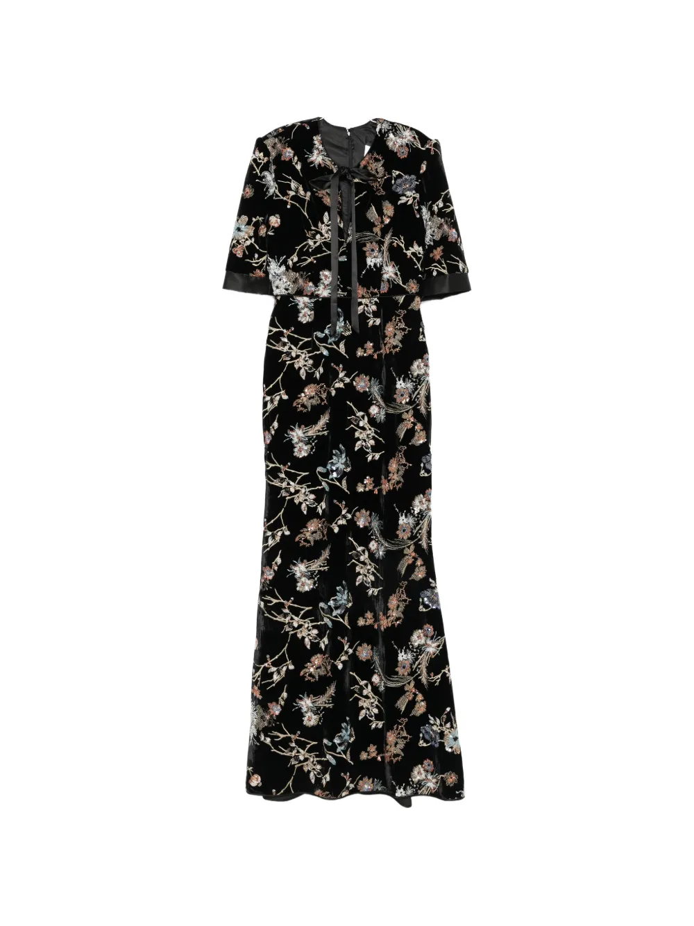 DE SANTIS floral-embroidered velvet maxi dress - Schwarz