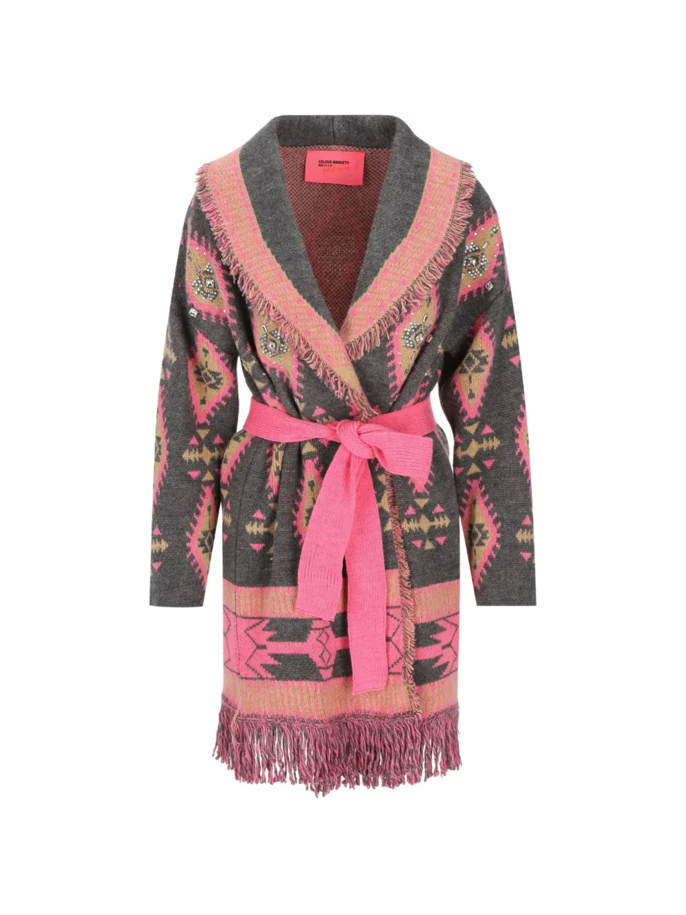 COLOUR MARKET fringe-trimmed belted cardi-coat - Grau