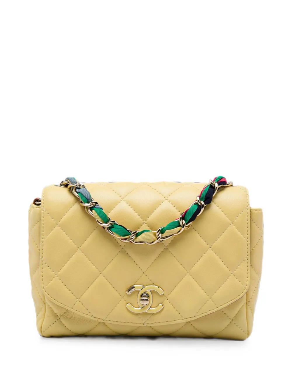 CHANEL Pre-Owned 2021 Small Quilted Lambskin Cocovado Ribbon Chain Flap crossbody bag - Giallo