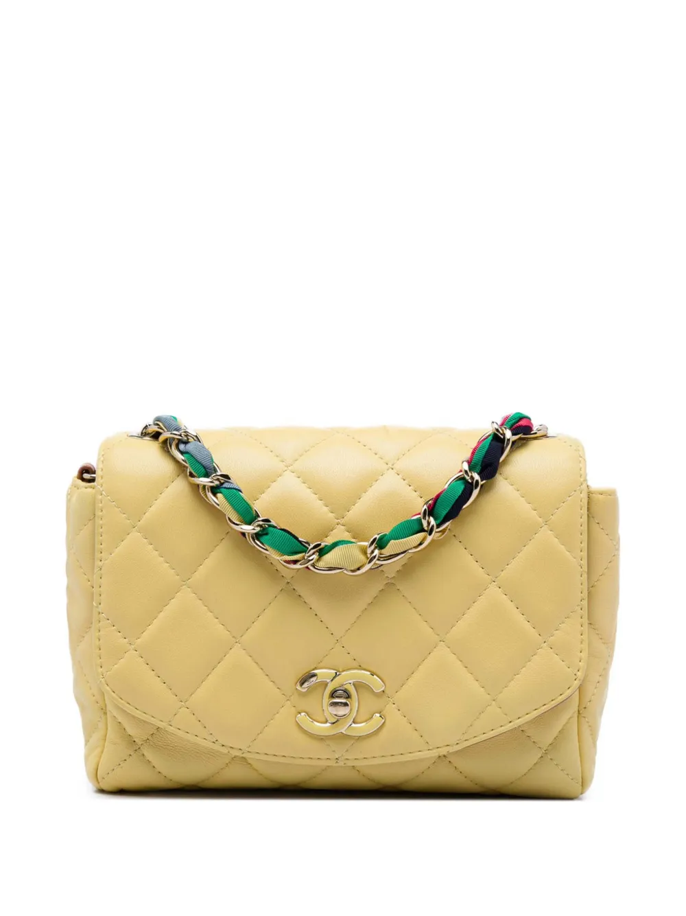 CHANEL Pre-Owned 2021 Small Quilted Lambskin Cocovado Ribbon Chain Flap crossbody bag - Giallo