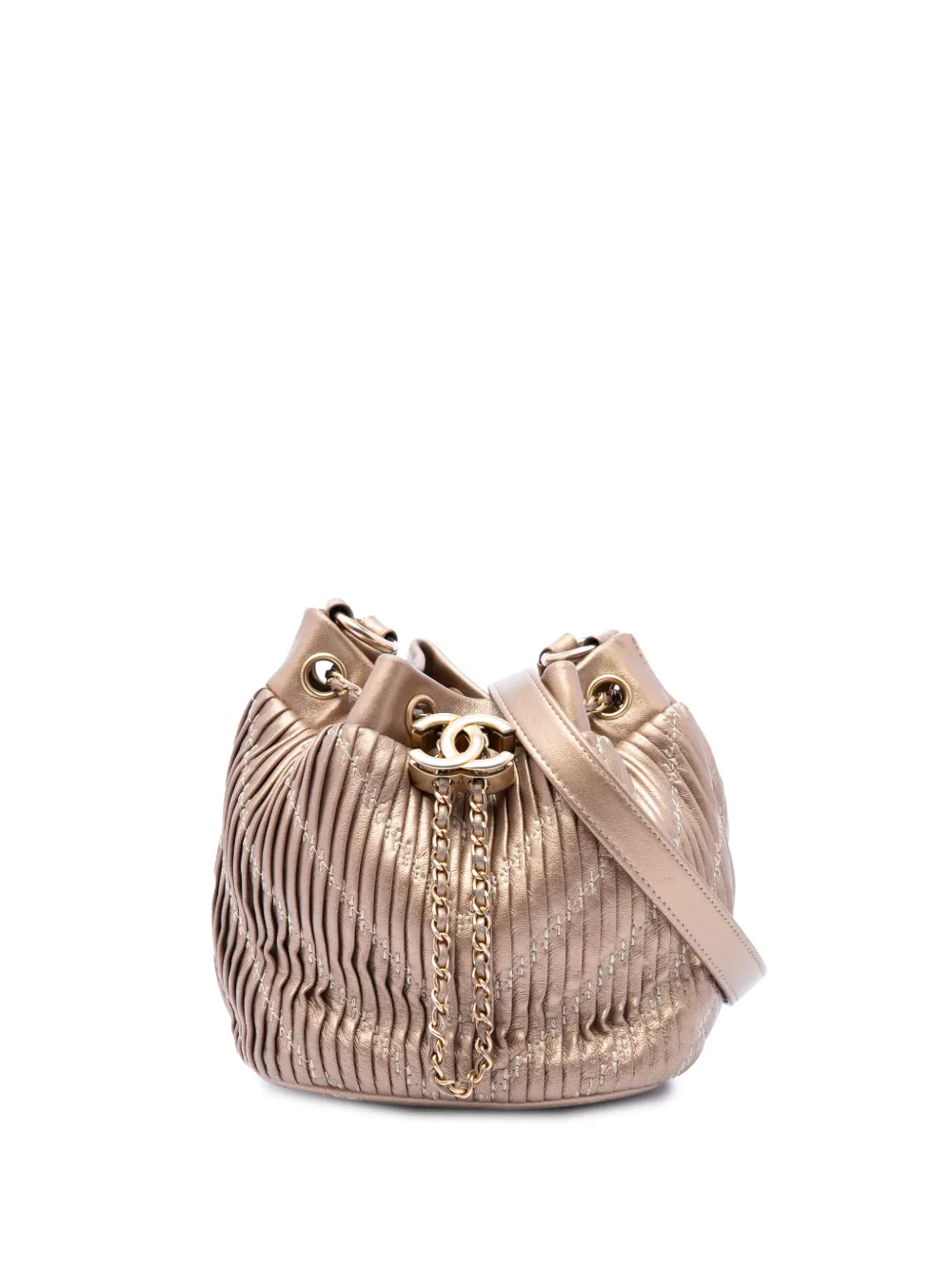 CHANEL Pre-Owned 2018 Small Metallic Lambskin Coco Pleats Drawstring bucket bag - Oro