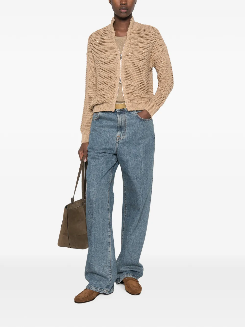 Max Mara Opengebreid vest verfraaid met pailletten Beige