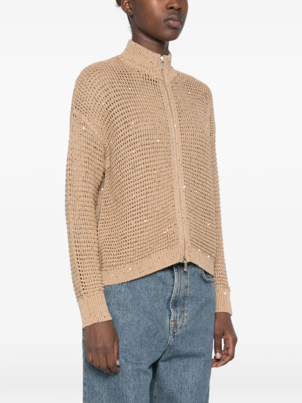 Max Mara Opengebreid vest verfraaid met pailletten Beige