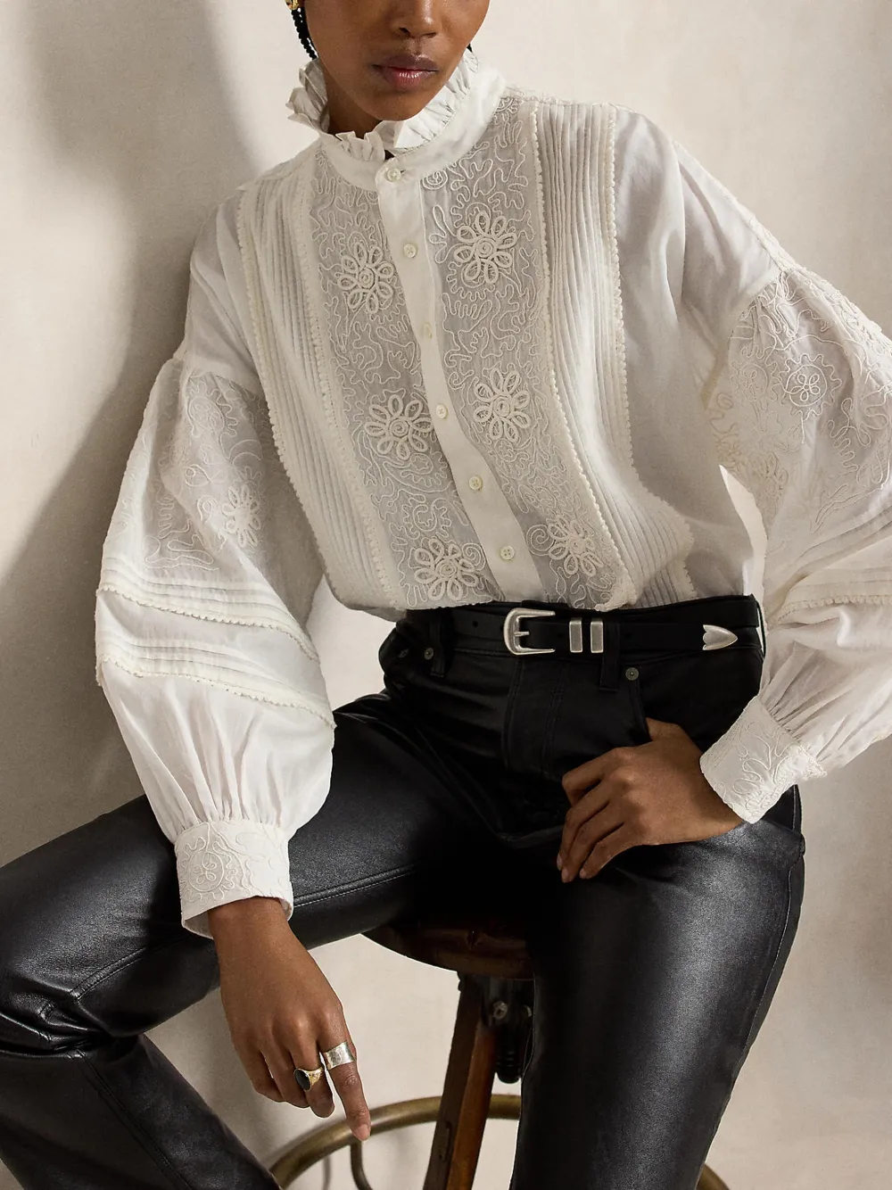 Polo Ralph Lauren Blouse met ruches en borduurwerk Beige