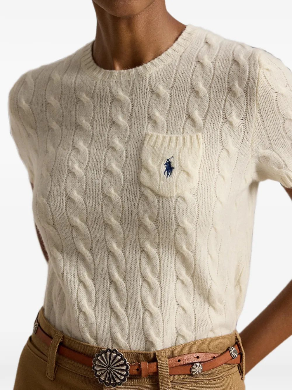 Polo Ralph Lauren Kabelgebreide trui van wol-kasjmier met korte mouwen Beige