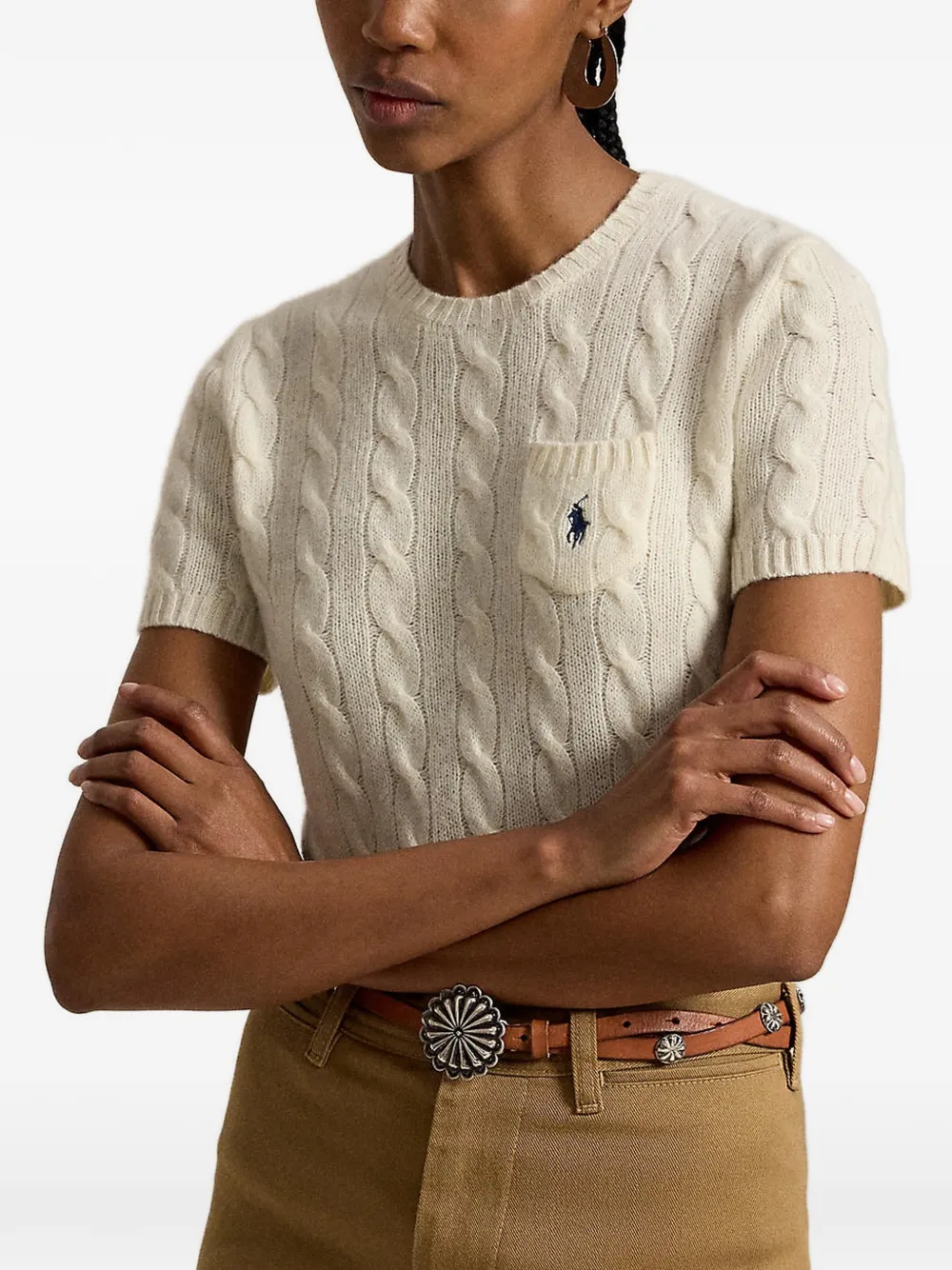 Polo Ralph Lauren Kabelgebreide trui van wol-kasjmier met korte mouwen Beige