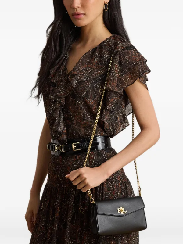 希少！RalphLauren レザー　クラッチポーチ　黒　ロゴ入ゴールドプレート Lauren Ralph Lauren logo-plaque chain-strap Clutch Bag | Black