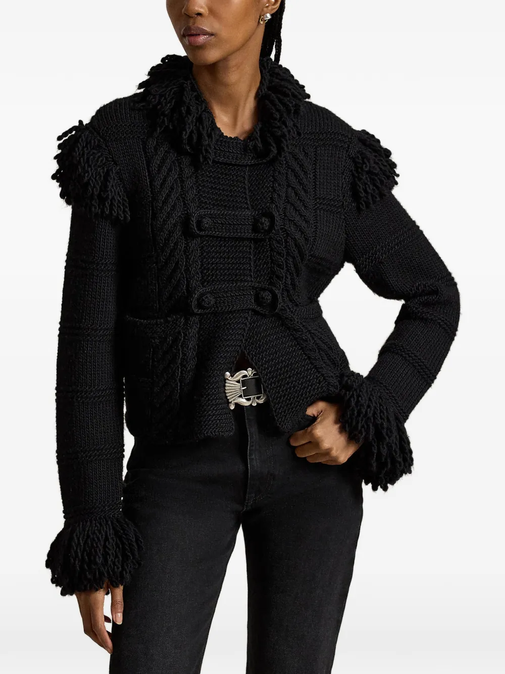 Polo Ralph Lauren fringe-trimmed cable-knit cardigan - Black