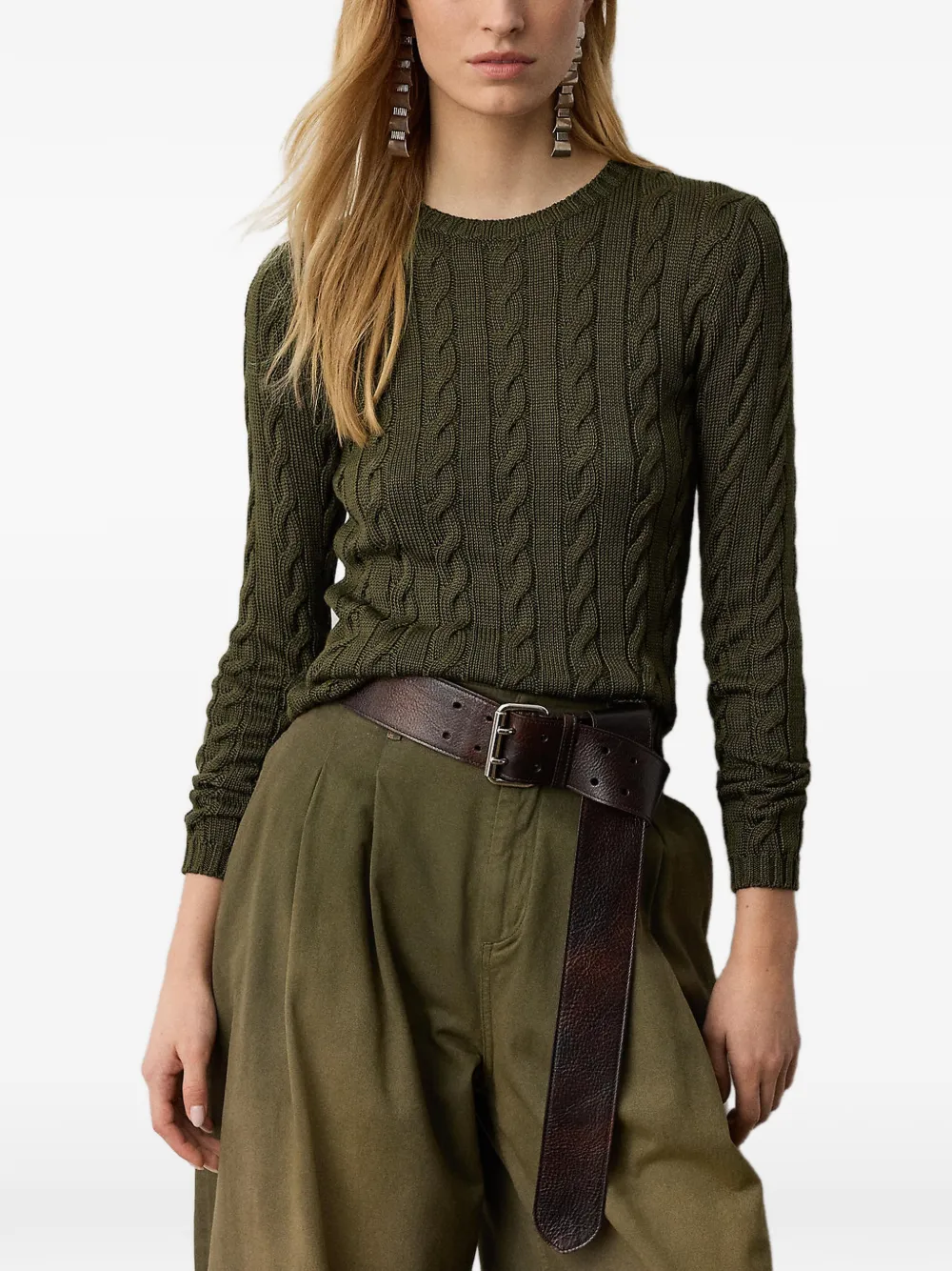 Ralph Lauren Collection Kabelgebreide trui van zijdeblend met ronde hals Groen