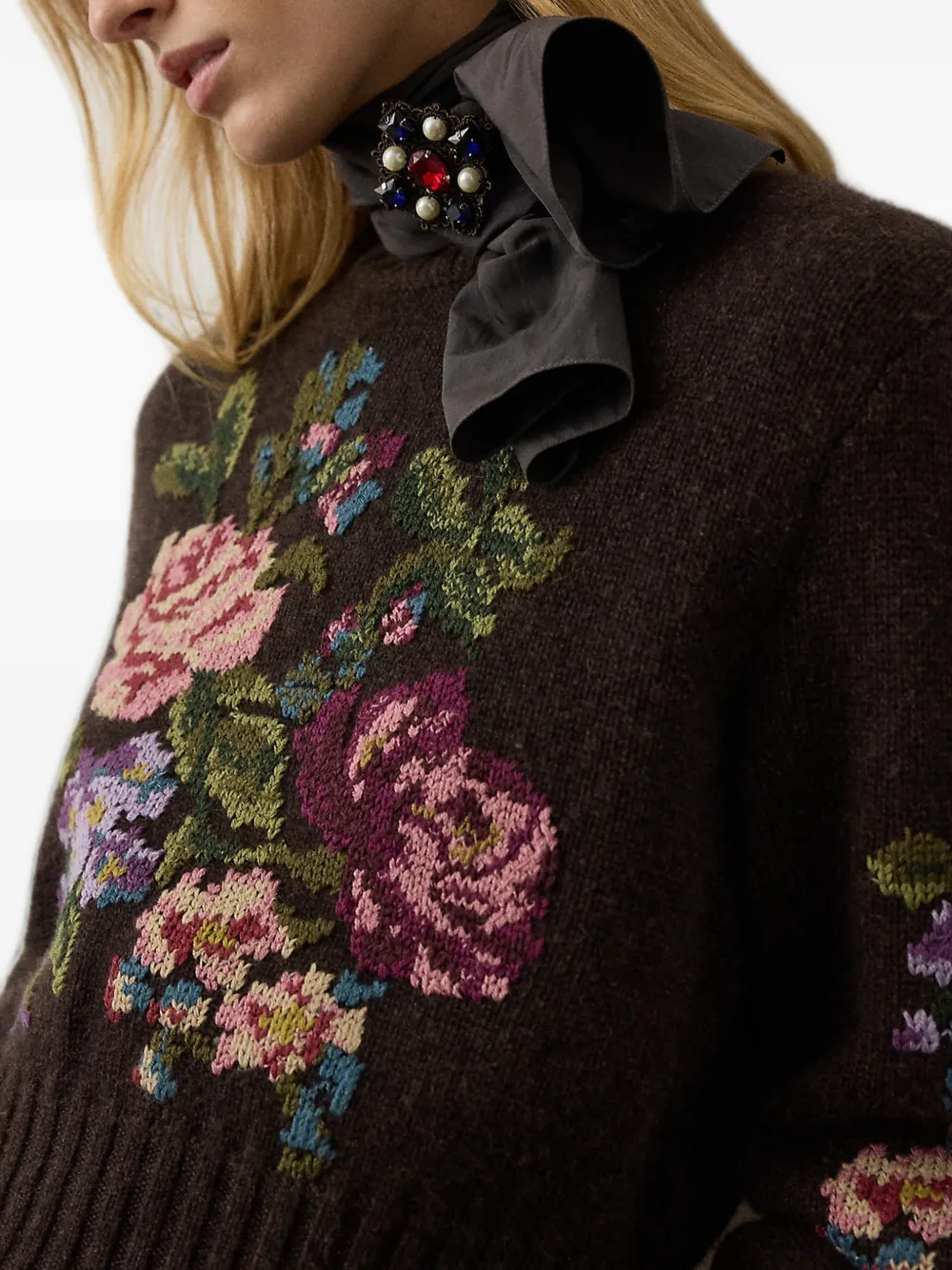 Ralph Lauren Collection Kasjmier trui met bloemen-intarsia Bruin