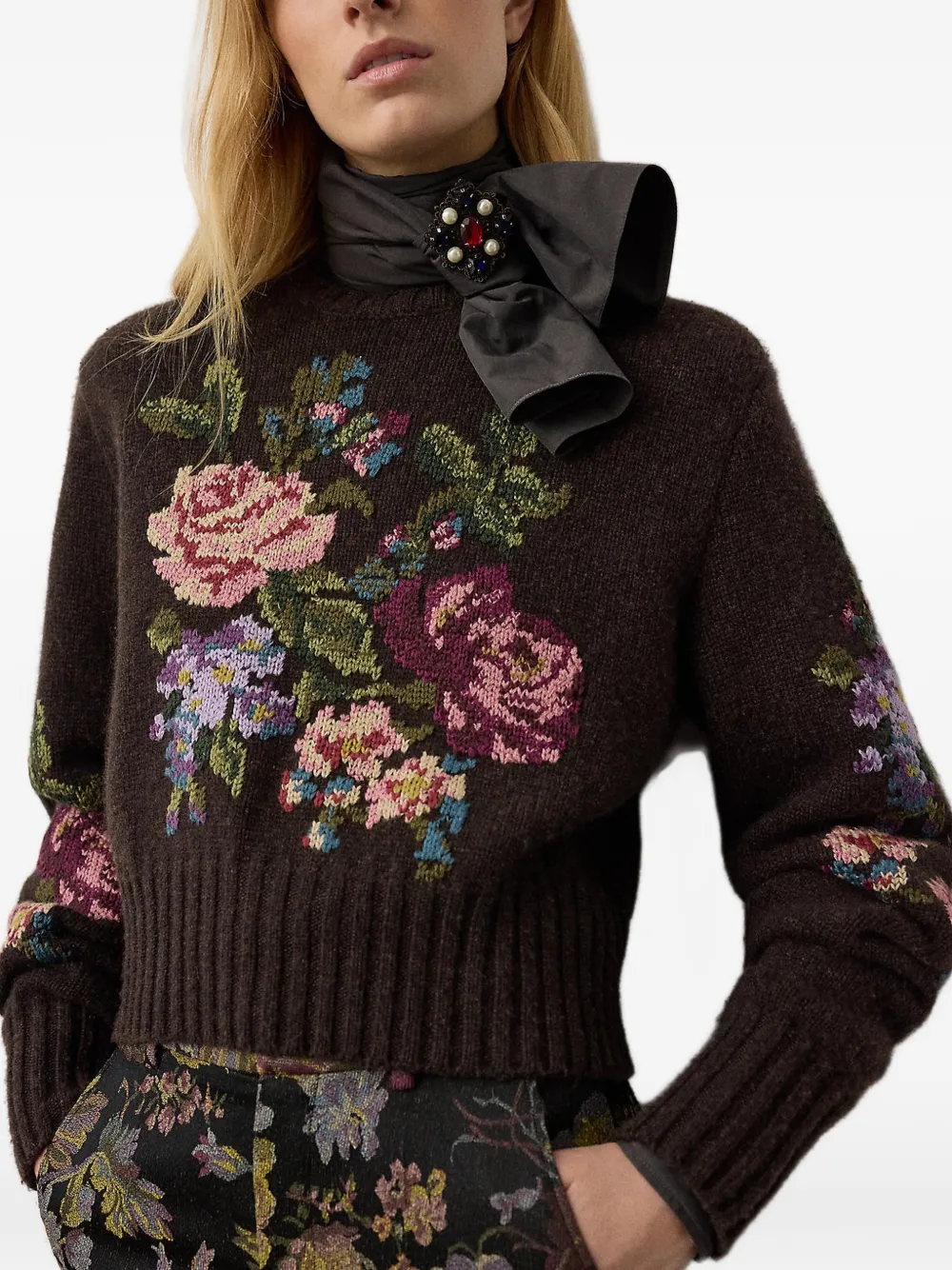Ralph Lauren Collection Kasjmier trui met bloemen-intarsia Bruin
