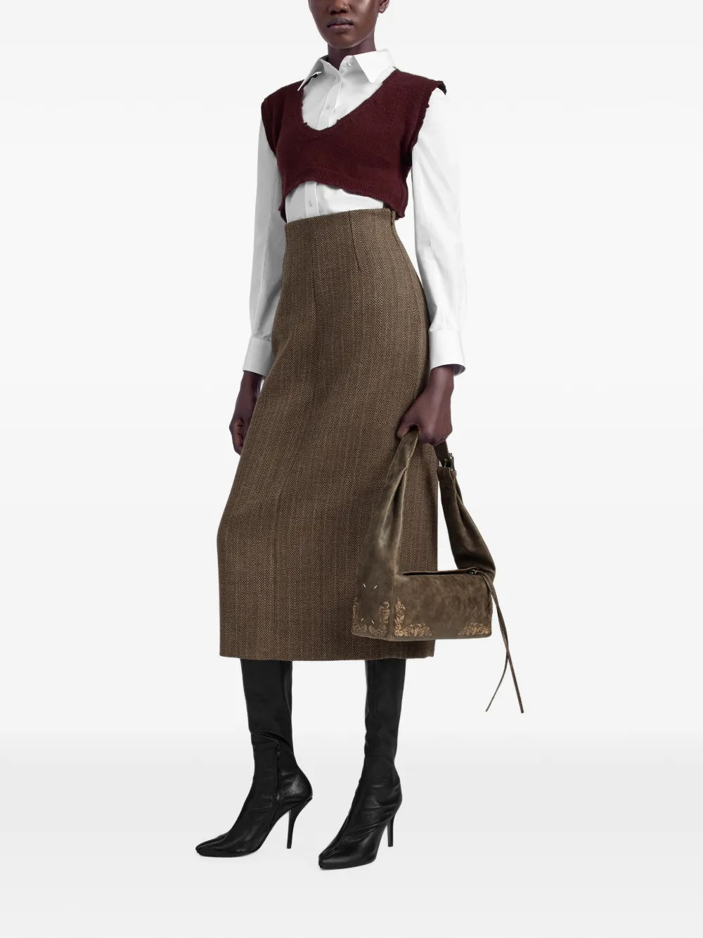 Maison Margiela herringbone-pattern virgin wool skirt Bruin