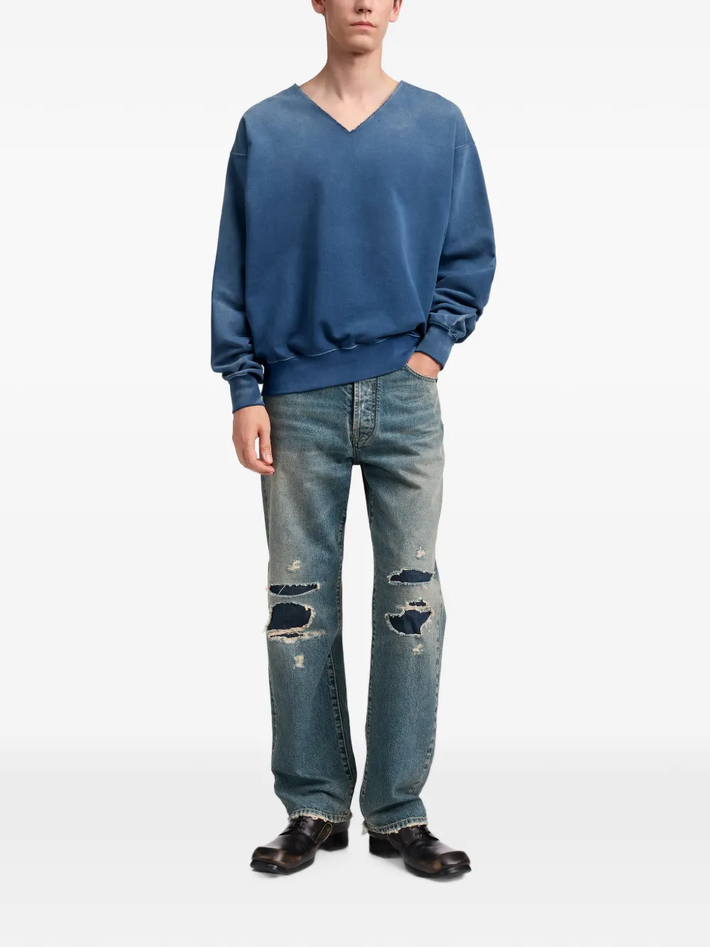 Maison Margiela Sweater met V-hals en verwassen effect Blauw