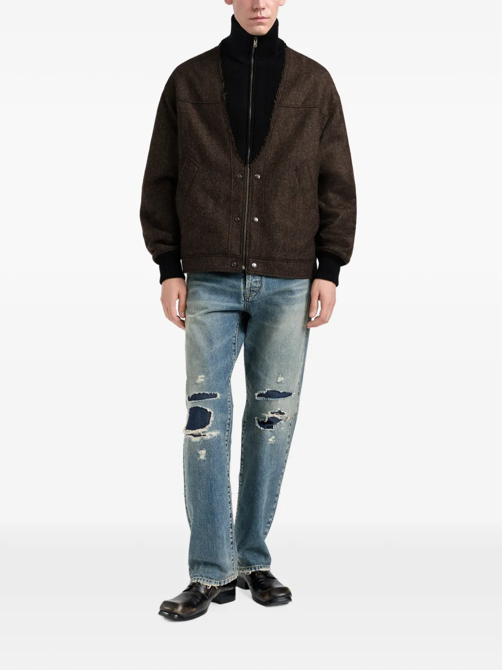 Maison Margiela Bomberjack met visgraat-patroon en rits Bruin