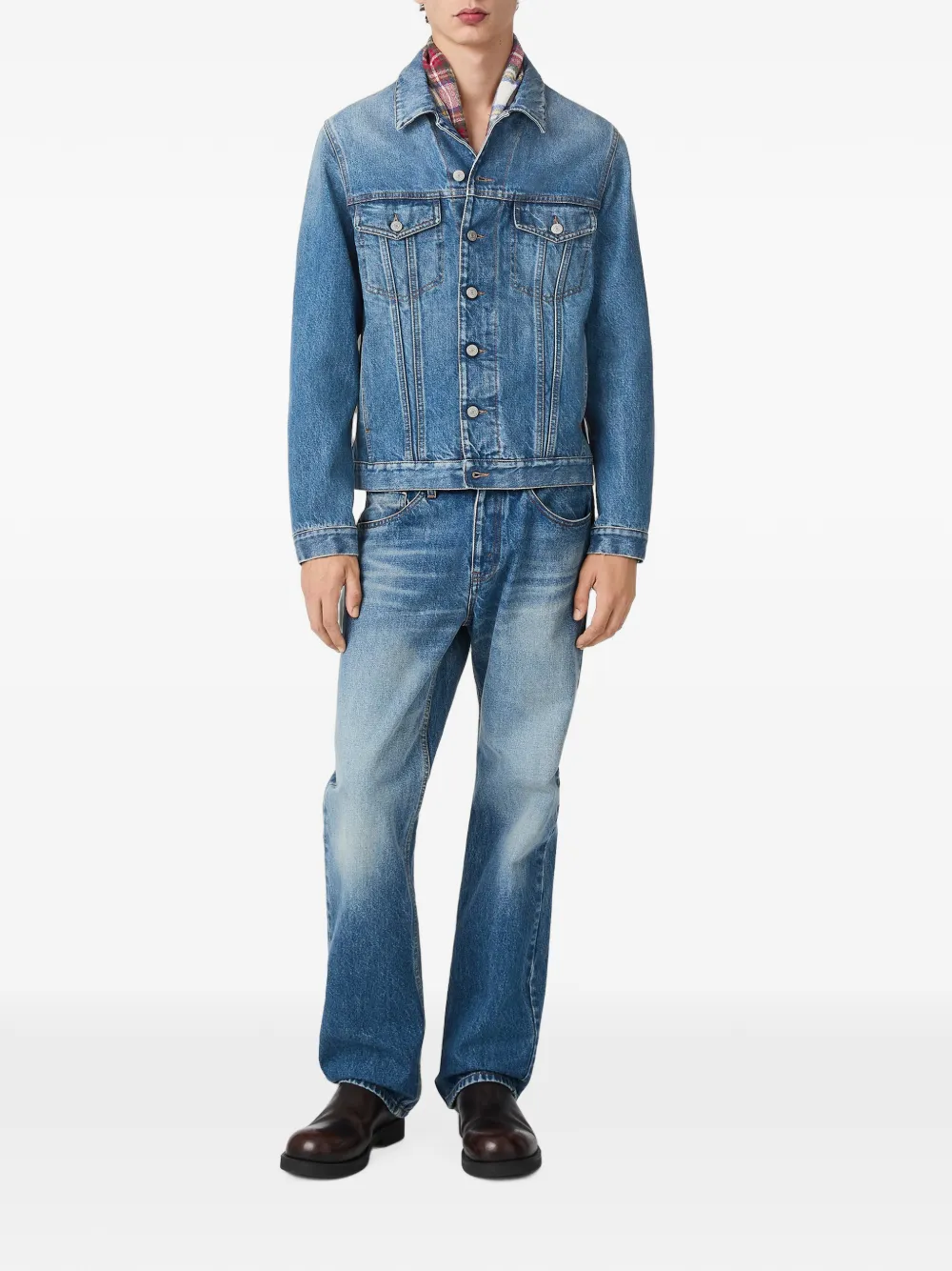 MM6 Maison Margiela Cropped denim jack met geruite voering Blauw
