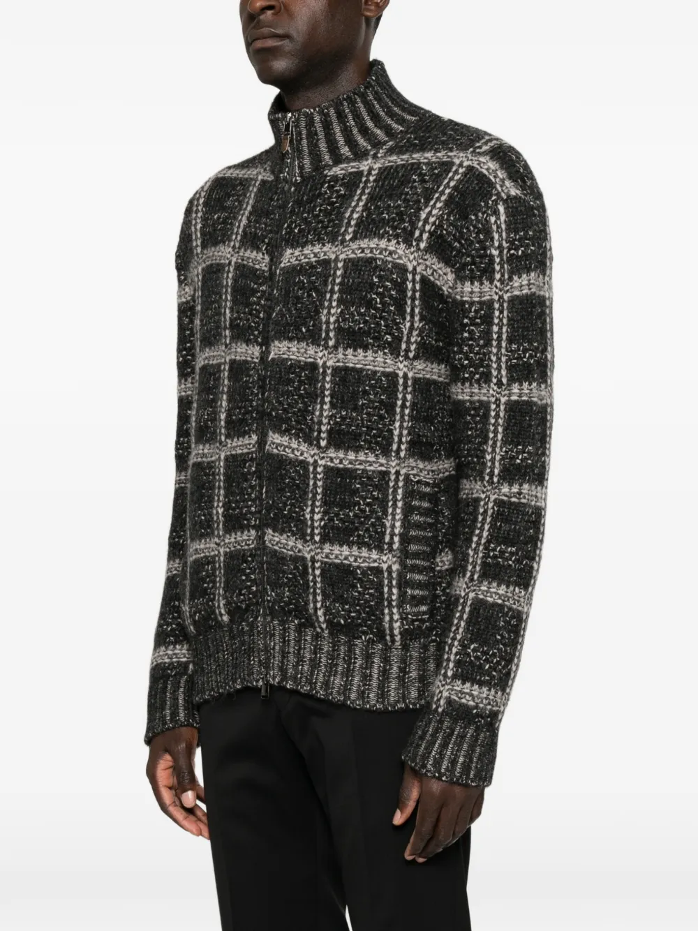 Canali check-pattern zip-up cardigan Zwart