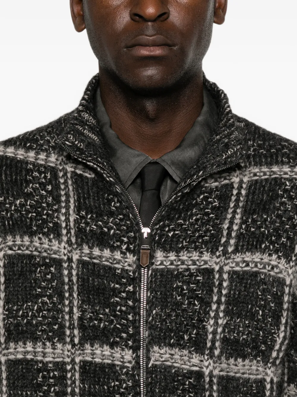 Canali check-pattern zip-up cardigan Zwart