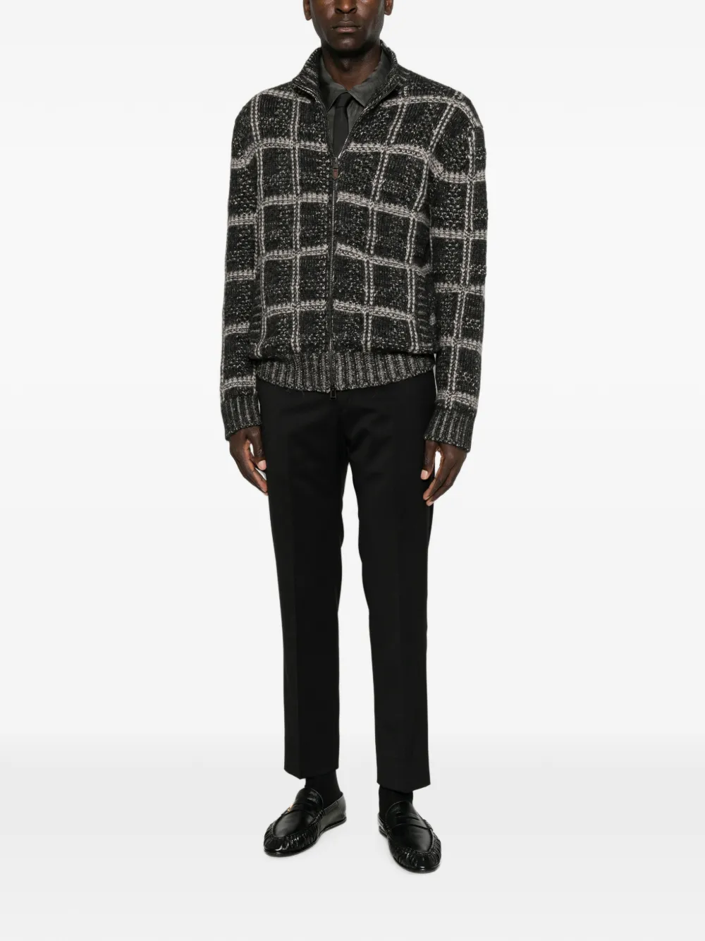 Canali check-pattern zip-up cardigan Zwart