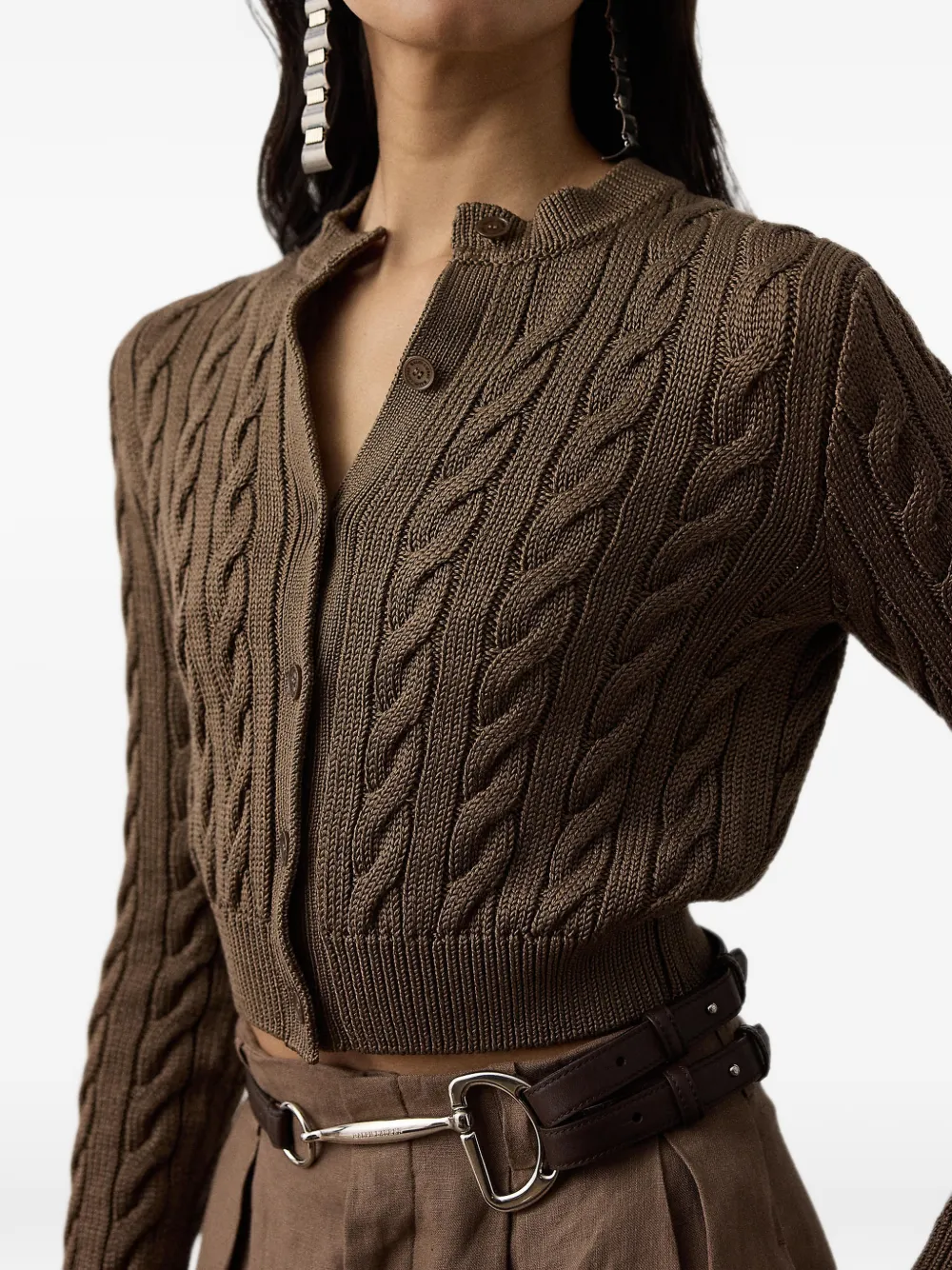 Ralph Lauren Collection Cable-knit Silk Cropped Cardigan in Brown, view 4