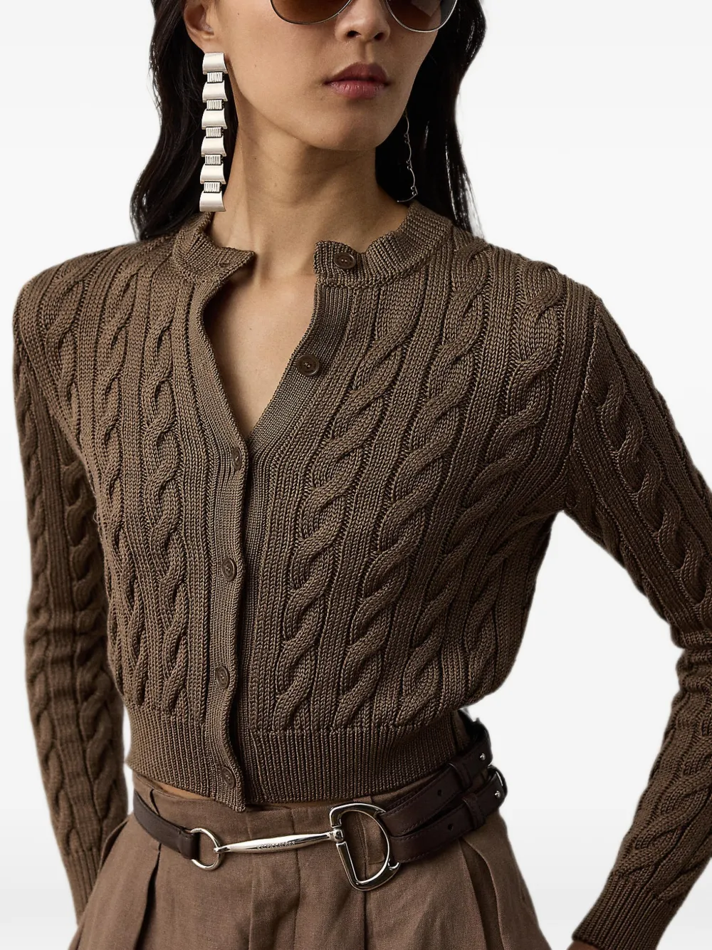 Ralph Lauren Collection Cable-knit Silk Cropped Cardigan in Brown, view 3