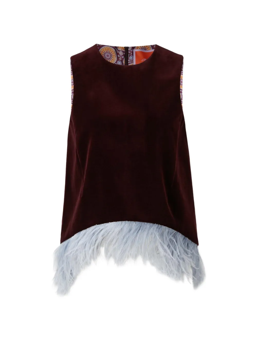 La DoubleJ La Scala feather-trim velvet top Rood