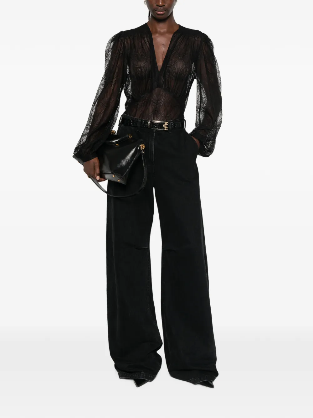 TWINSET Blouse met ruches en kanten laag Zwart