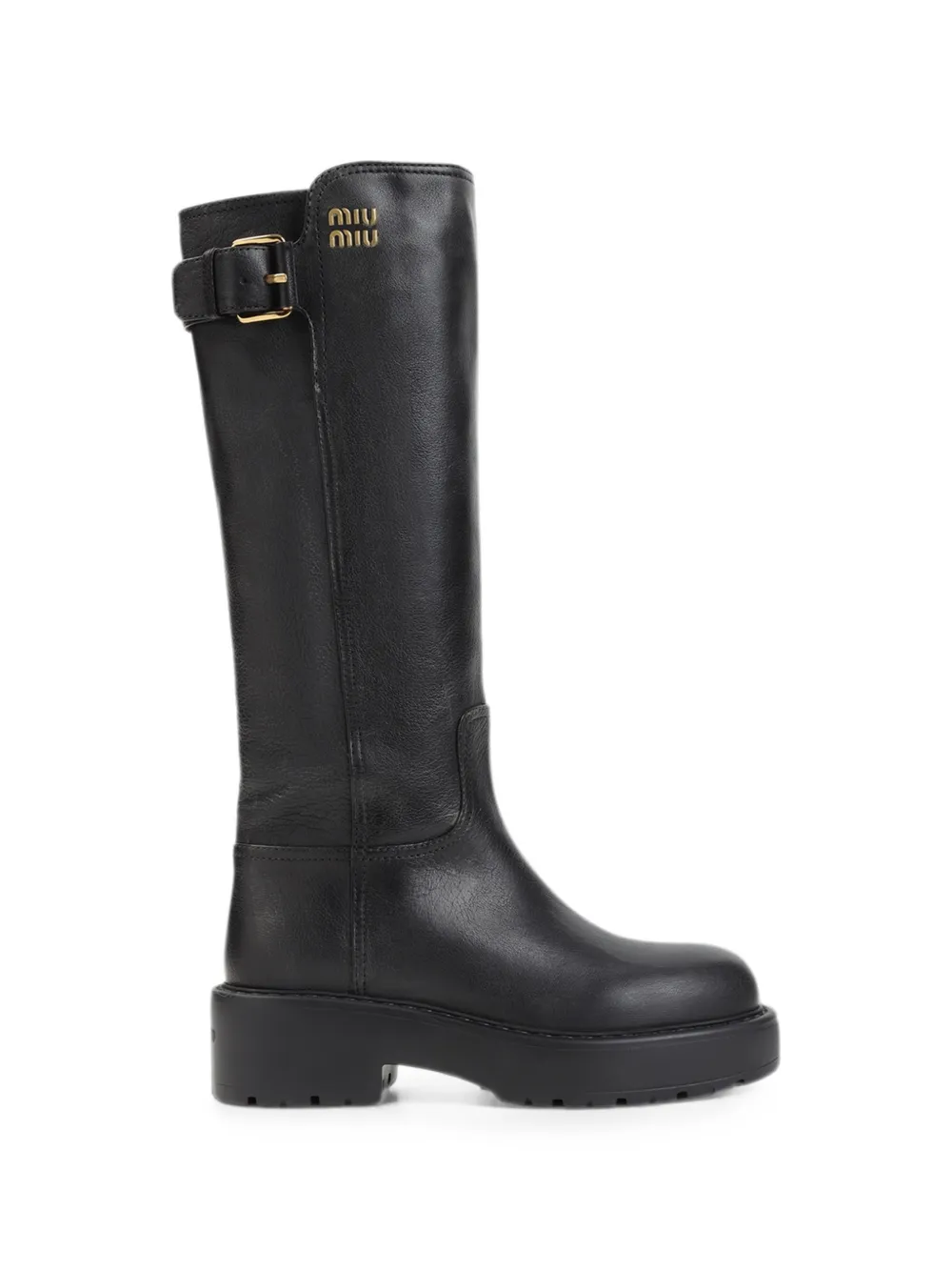 Miu buckle-detail logo-plaque boots Zwart