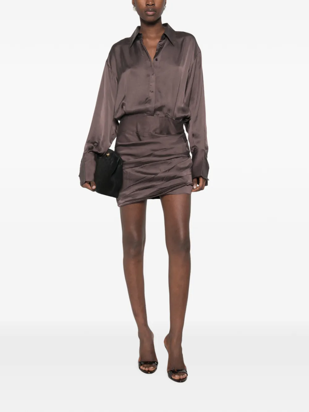 THE ANDAMANE Andrea gedrapeerde mini-blousejurk Bruin