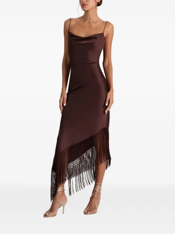 alice olivia formal dresses + Women's Harmony Drapey Slip Fringe Midi Dress - Dark Chocolate like sheen
