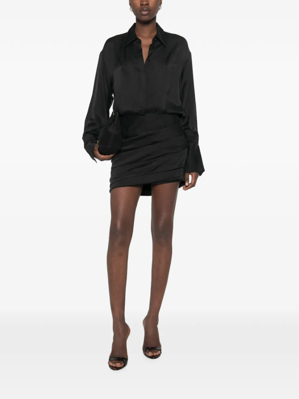 THE ANDAMANE Andrea mini-jurk met ruches en lange mouwen Zwart