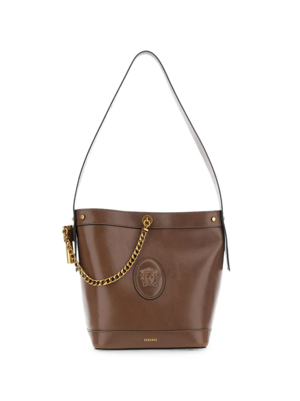 Versace Pivot small leather bucket bag - Marrone