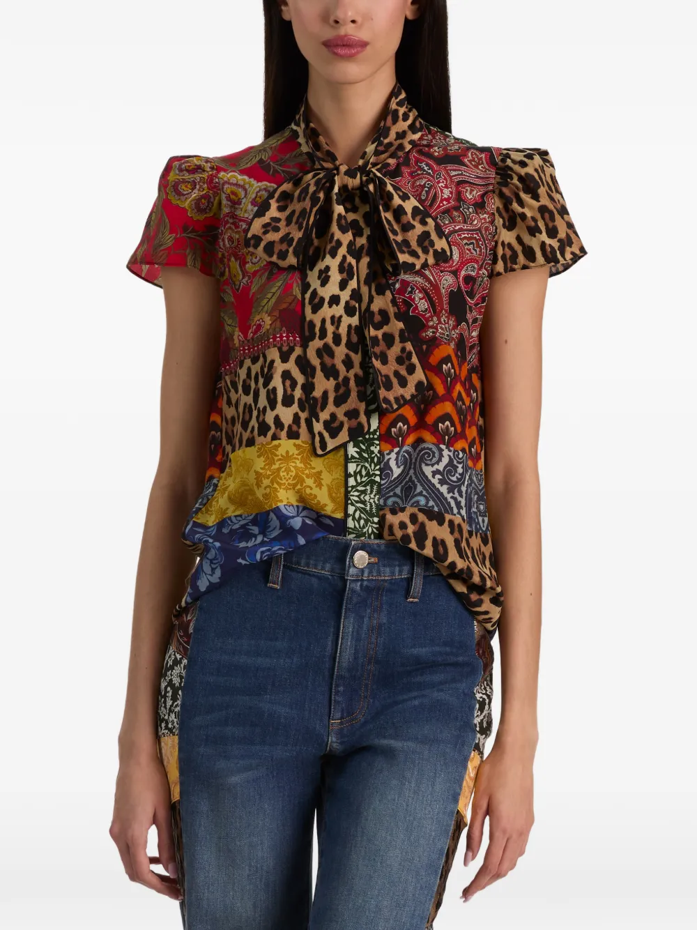 alice + olivia Jeannie blouse met patchwork-print en strik Bruin