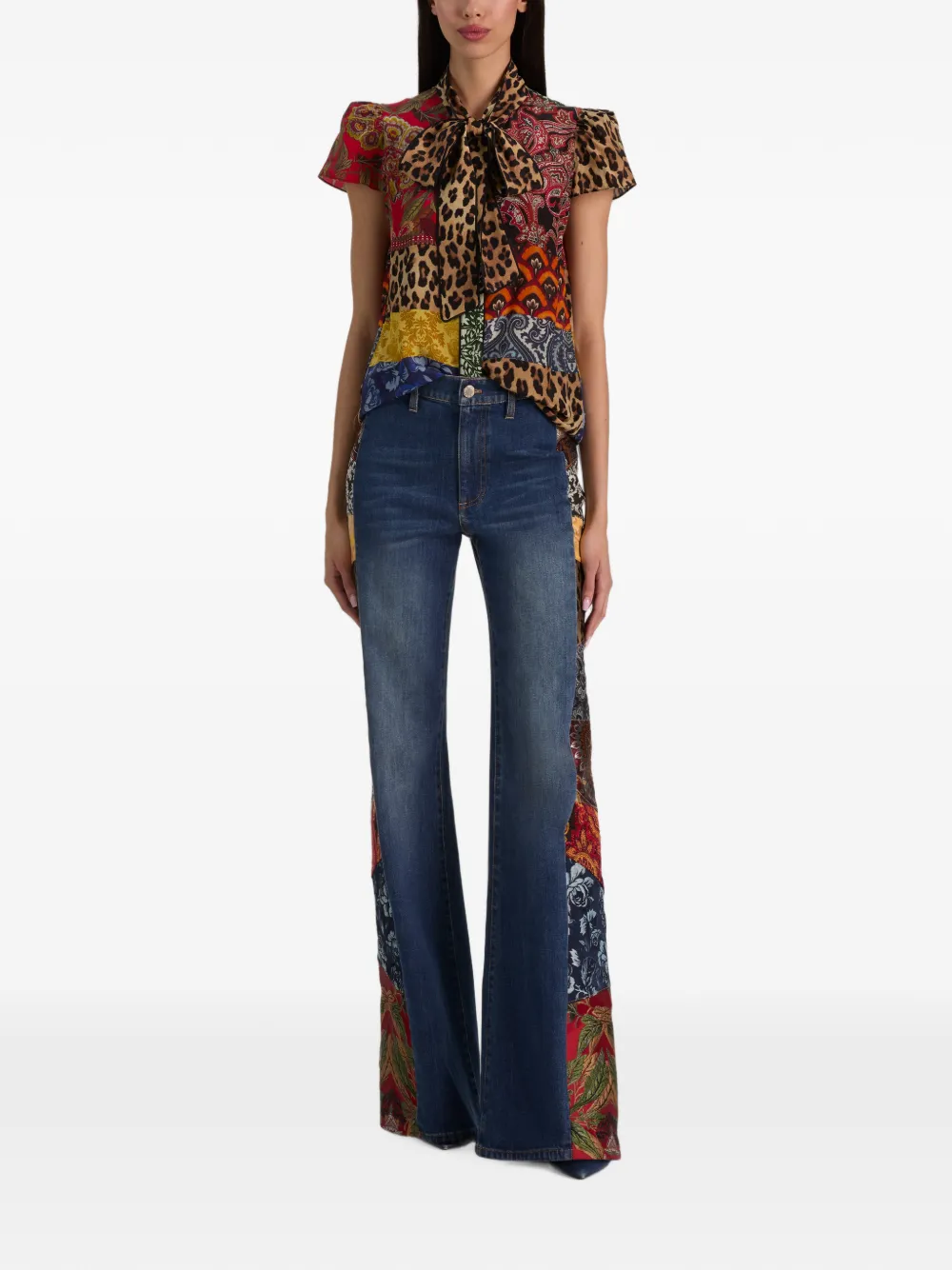 alice + olivia Jeannie blouse met patchwork-print en strik Bruin
