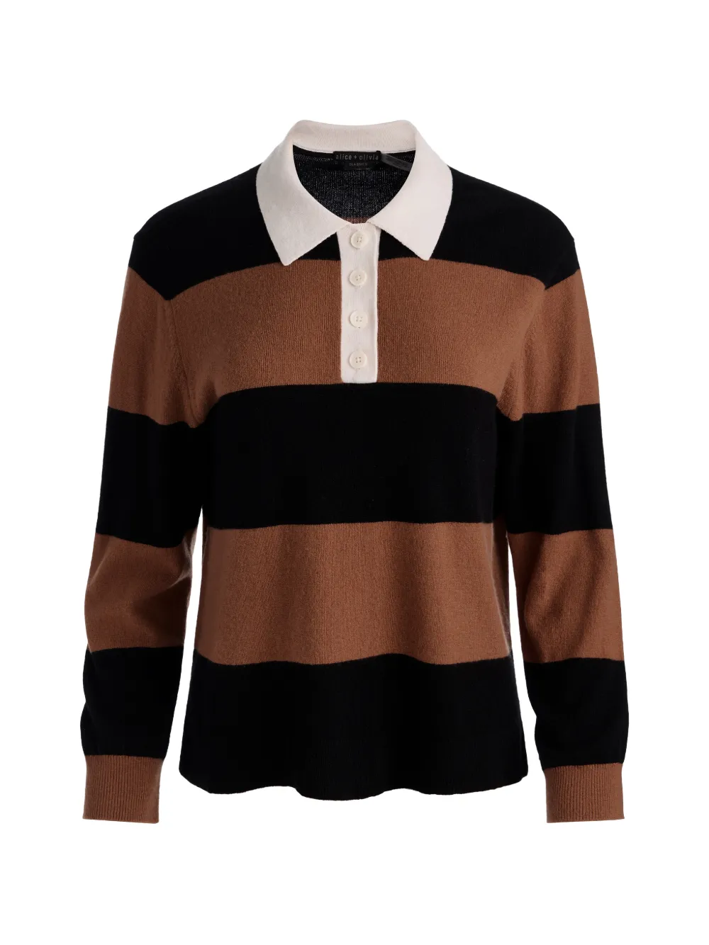 Alice And Olivia Tillie Striped Long-sleeve Polo-collar Sweater In Brown