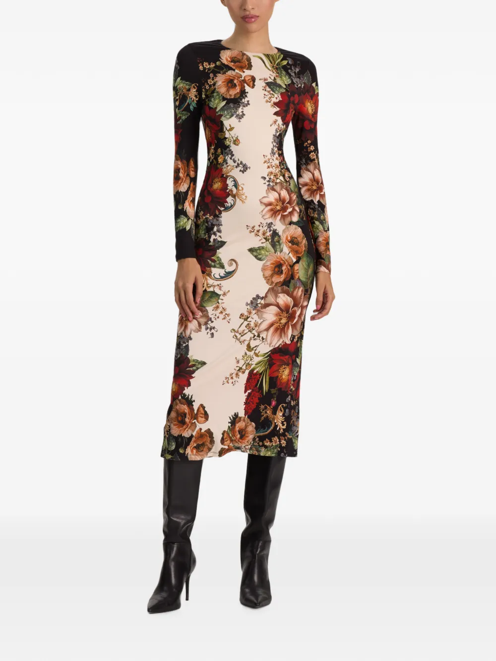 alice + olivia Delora midi-jurk met bloemenprint en lange mouwen Zwart