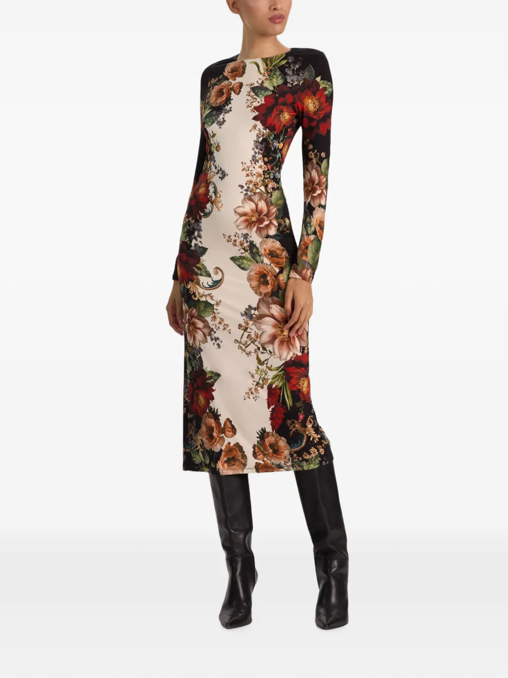 alice + olivia Delora midi-jurk met bloemenprint en lange mouwen Zwart