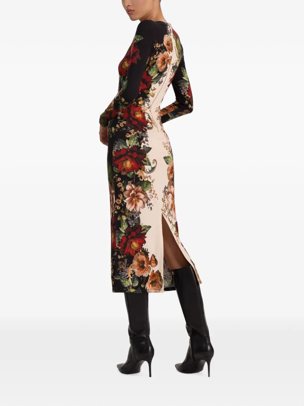 alice + olivia Delora midi-jurk met bloemenprint en lange mouwen Zwart