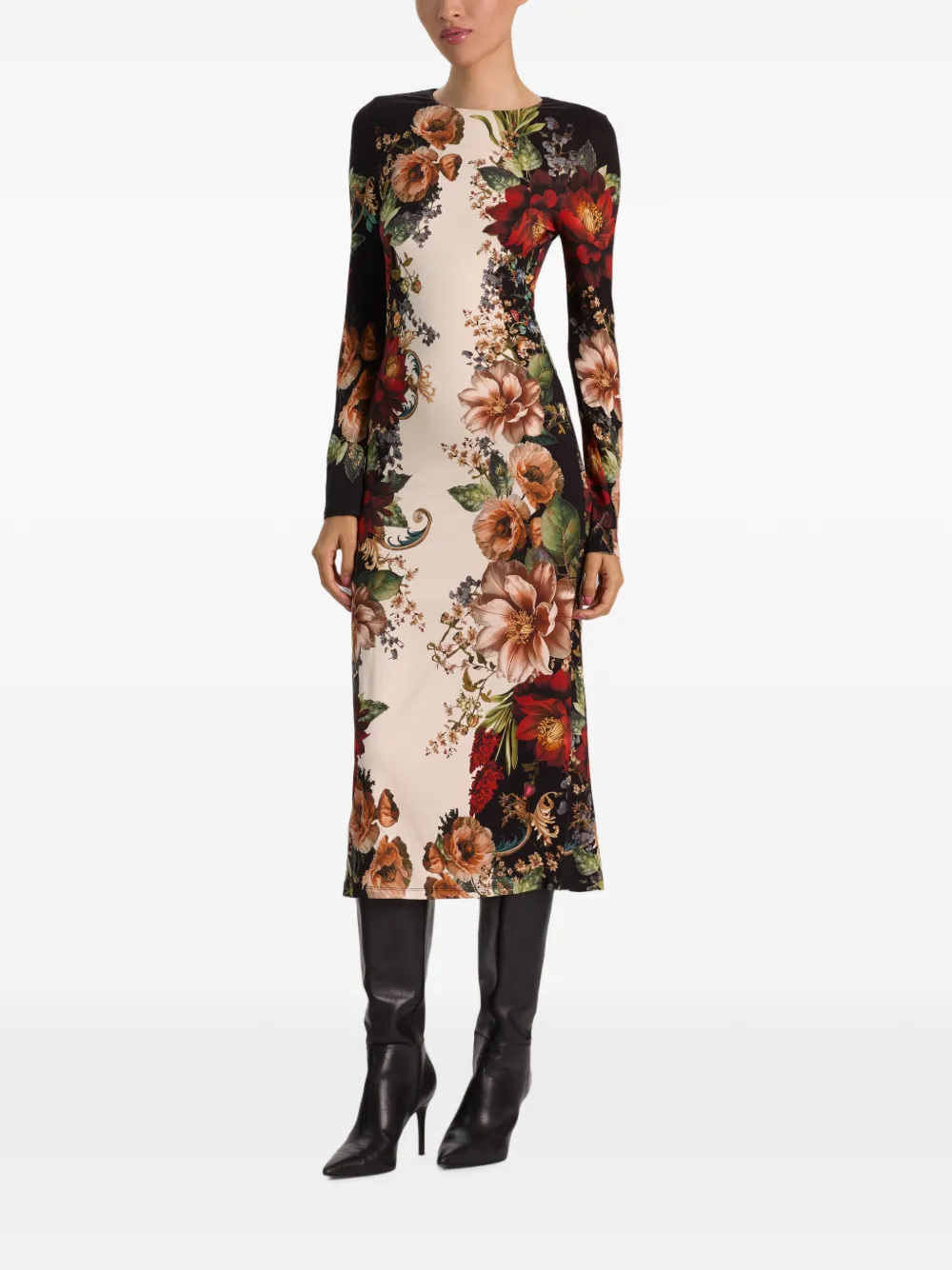 alice + olivia Delora midi-jurk met bloemenprint en lange mouwen Zwart